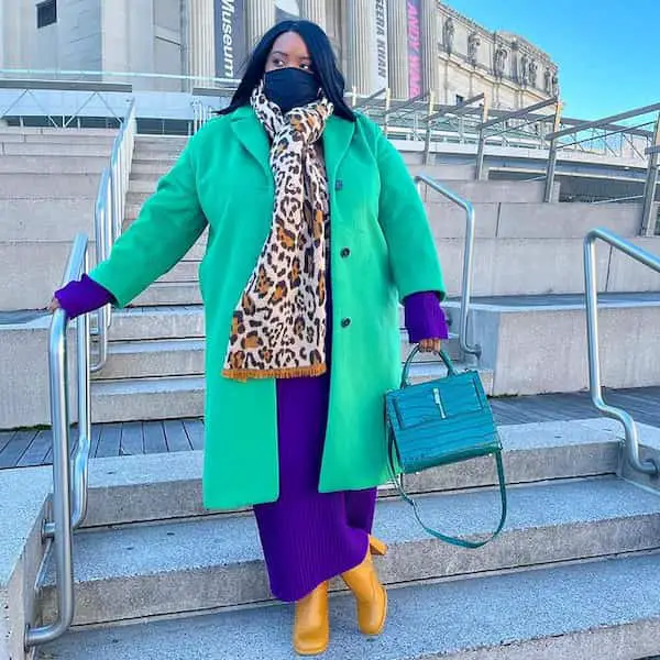 Purple Long Gown + Green Trench Coat + Yellow Boots + Animal Print Muffle + Handbag