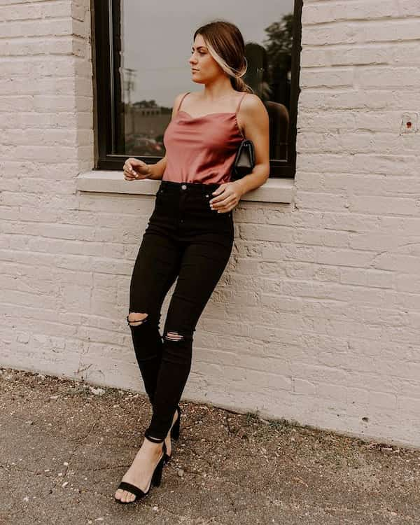 Satin Top + Ripped Black Jeans + Heels