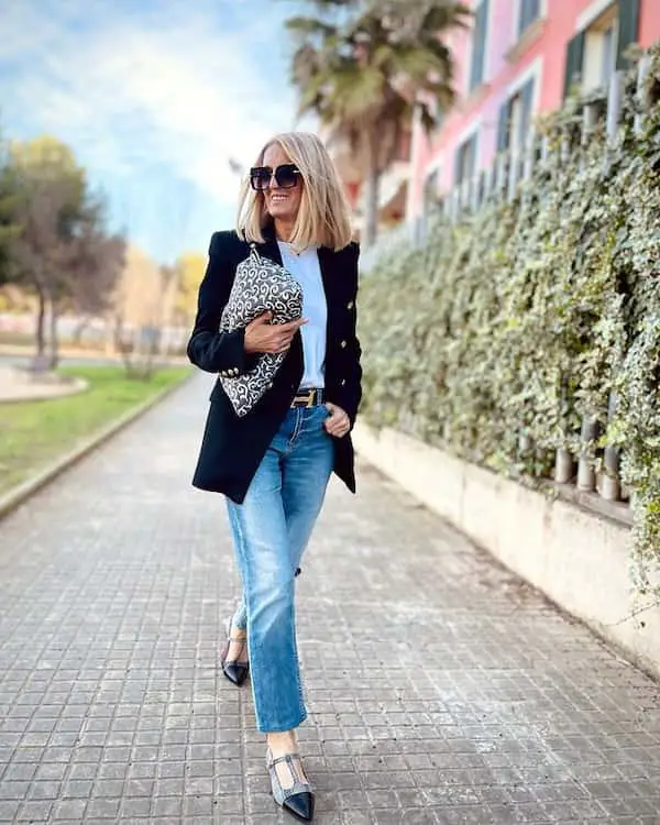 Shirt + Blazer + Blue Jeans + Heels + Clutch + Sunglasses