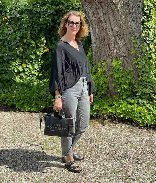 Silk Blouse + Grey Jeans + Studded Sandals + Handbag + Sunglasses