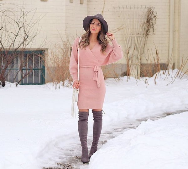 Soft Sweater Dress + Knee-high Boots + Hat