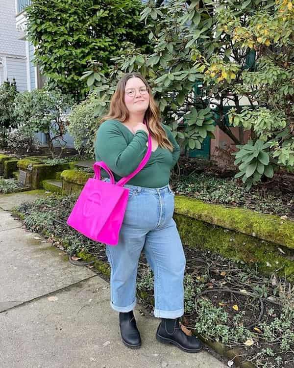 Solid Coloured Top + Jeans + Ankle Boots + Pink Handbag