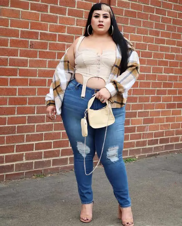 Sport Vest + Flannel + Blue Jeans + Heels + Handbag