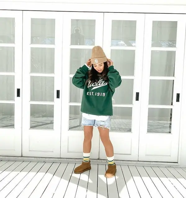 Sporty Sweat Shirt + Jean Shorts + Ugg Boots + Sweat Cap