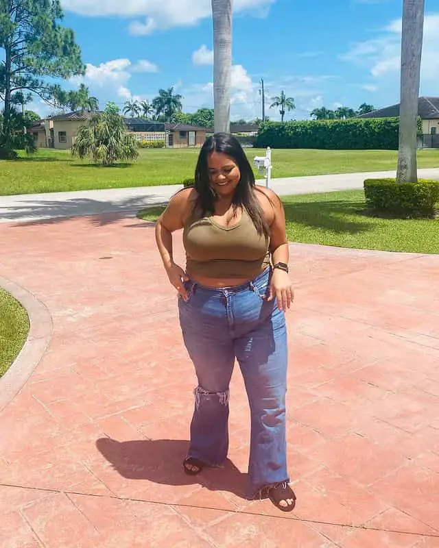 Strapless Crop Top + Flared Jeans + Loafers