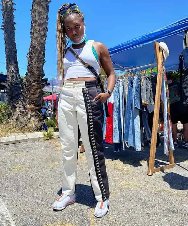 Strapless Crop Top + Hybrid Dickies Pants +Chunky Sneakers + Cross Bag