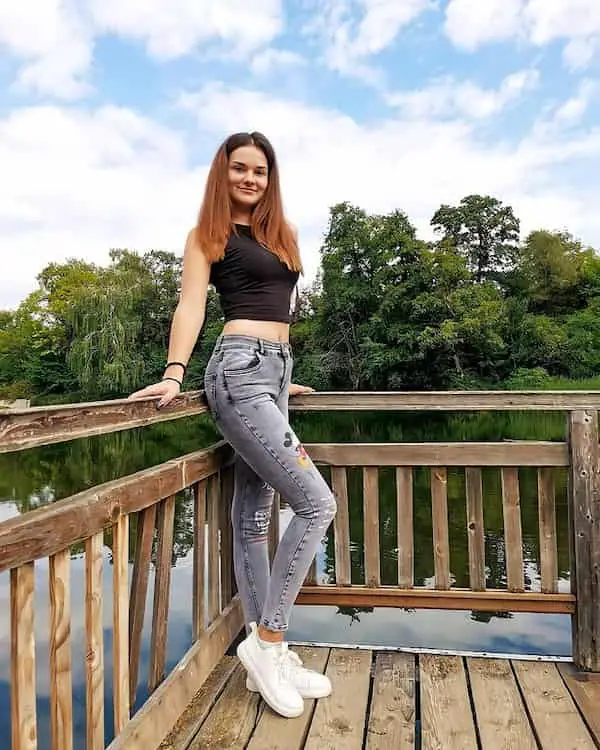 Strapless Top + Grey Jeans + Sneakers