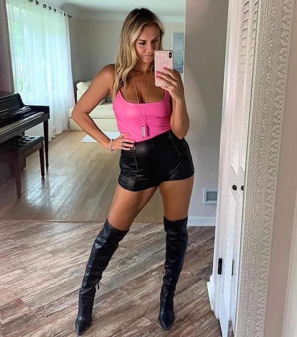 Strapless Top + Leather Mini Skirt + Thigh Boots