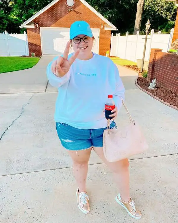 Sweat Shirt + Jean Shorts + Sandals + Face Cap + Handbag