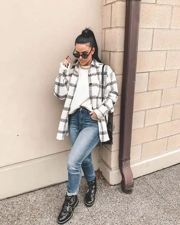 Sweat Shirt + Oversized Flannel +Gray Jeans + Boots