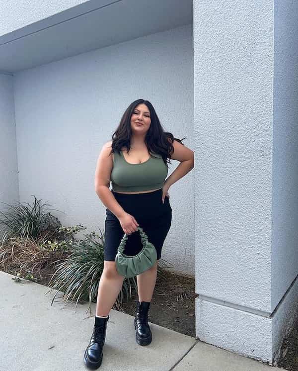 Tank Crop Top + Short Tight Black Skirt + Boots + Handbag