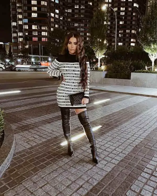Tight Patterned Dress + Thigh Boots + Clutch
