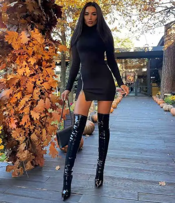 Tight Right Sided Zipped Dress + Thigh Boots + Handbag