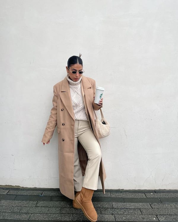Turtle Neck Shirt + Flared pant + Trench Coat + Ugg Boots + Sunglasses