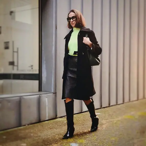 Turtle Neck Shirt + Vintage Leather Skirt + Pea Coat + Leather Knee-high Boots