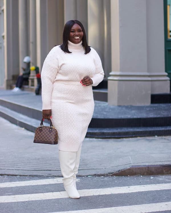 Turtle Neck Sweat Gown + Knee-High Boots + Handbag