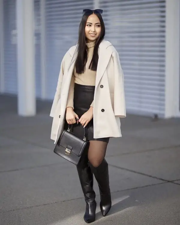 Turtle Neck Top + Mini Leather Skirt + Oversized Blazer + Knee-High Boots + Handbag