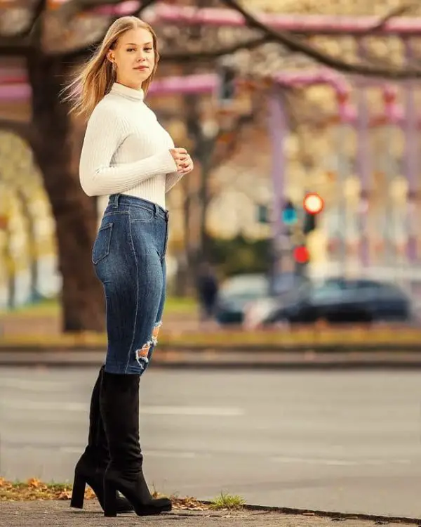 Turtle Neck Top + Ripped jeans + High Heels Boots