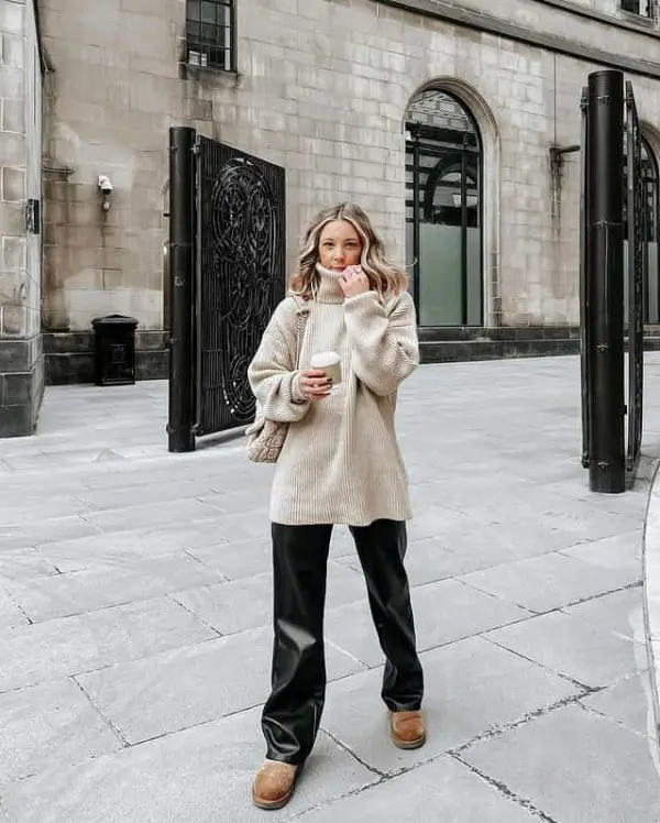 Turtle Neck Winter Shirt + Flared Leather Pants + Ugg Booots