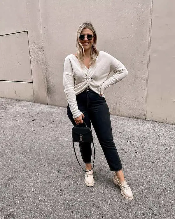 Twist Front Sweater + Black Jeans + Shoe + Handbag + Sunglasses