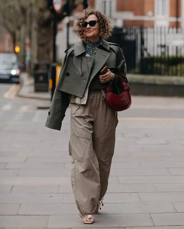 Vintage Blazer + Loosely-fitted Ugg Pants + Heels + Handbag + Sunglasses