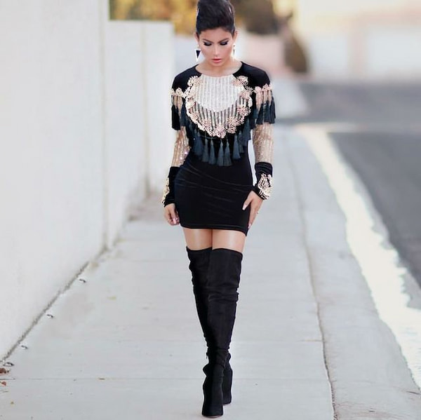 Vintage Embroided Mini Dress + Thigh Boots