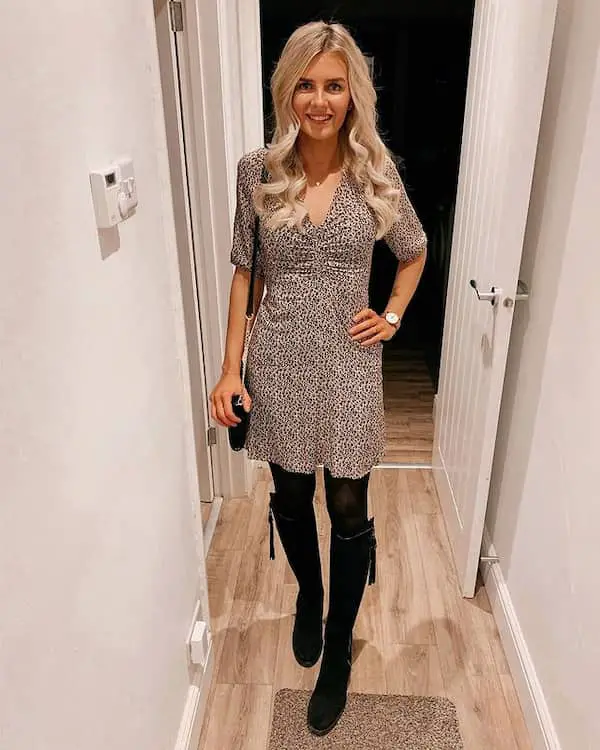 Vintage Short Dress + Leggings + Knee-high Boots