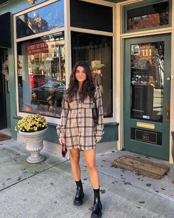 Well Buttoned Oversized Flannel + Boots + Handbag