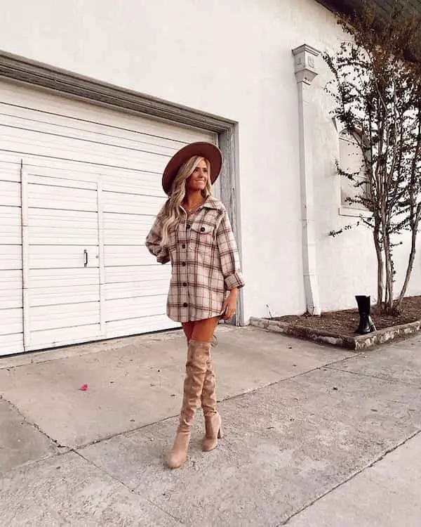 Well Buttoned Oversized Flannel + Thigh High Boots English Hat
