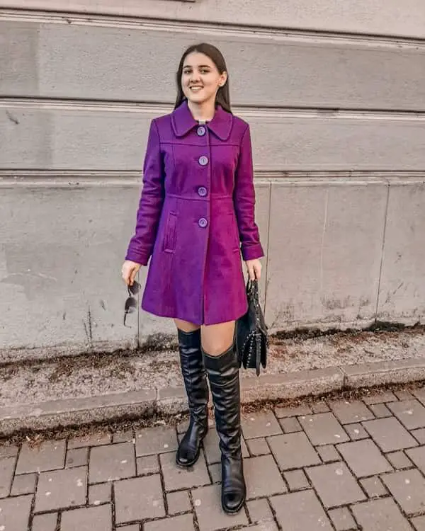 Well Buttoned Purple Coat + Knee-High Boots + Handbag