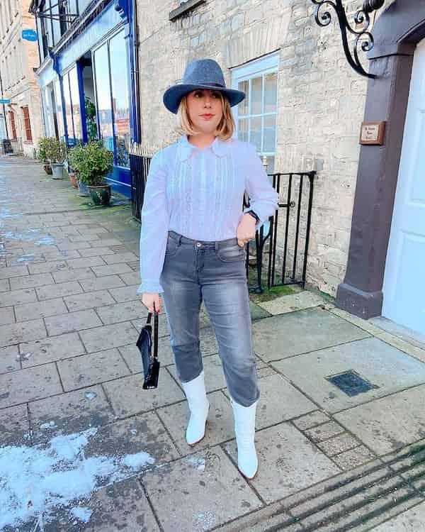 White Blouse + Grey Jeans + Cowboy Boots + English Hat + Handbag