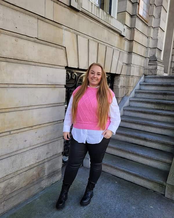 White Button-top Shirt + Pink Sweat Top + Black Pant + Boots