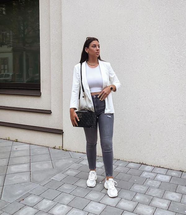 White Shirt + Blazer + Grey Jeans + Sneakers + Handbag