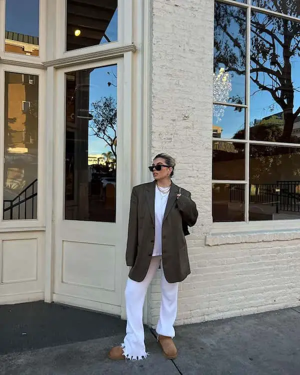 White Tee + Flared White Pant + Blazers + Sunglasses