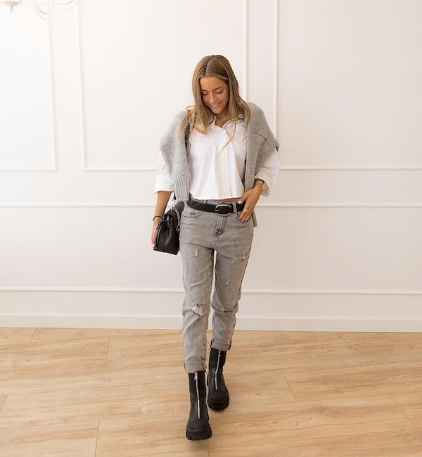 White Tee + Grey Cardigan + Grey Pants + boots + Handbag