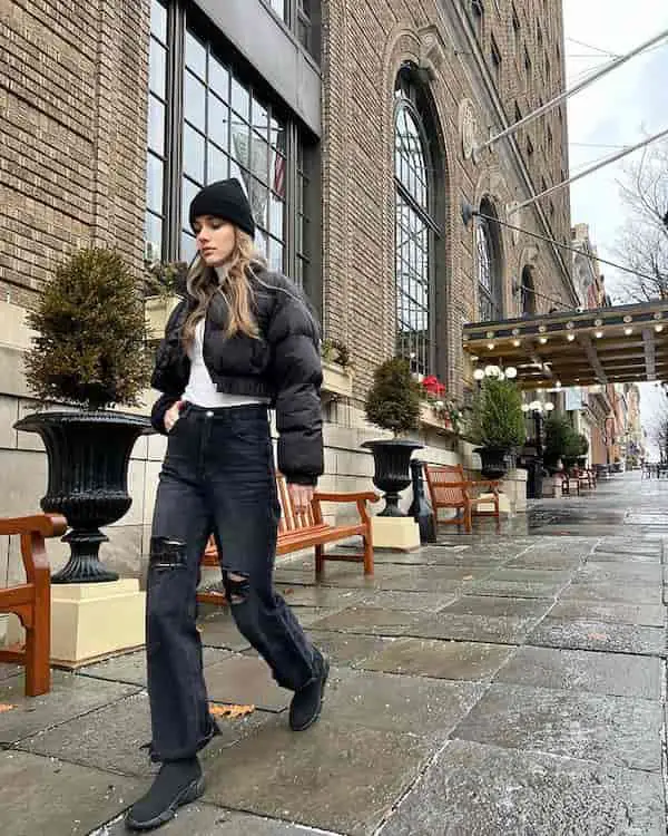 White Top + Biker Jacket + Boots + Sweat Cap