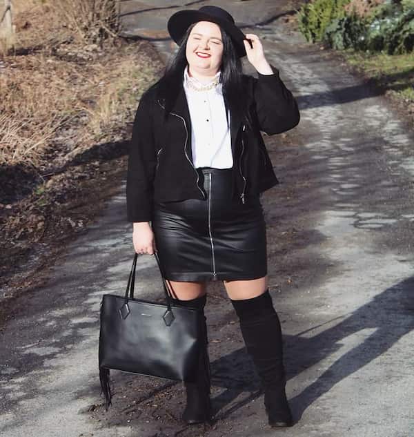 White Up Shirt + Black Jacket + Short Leather Skirt + Hat + Black Knee High Boots + Handbag