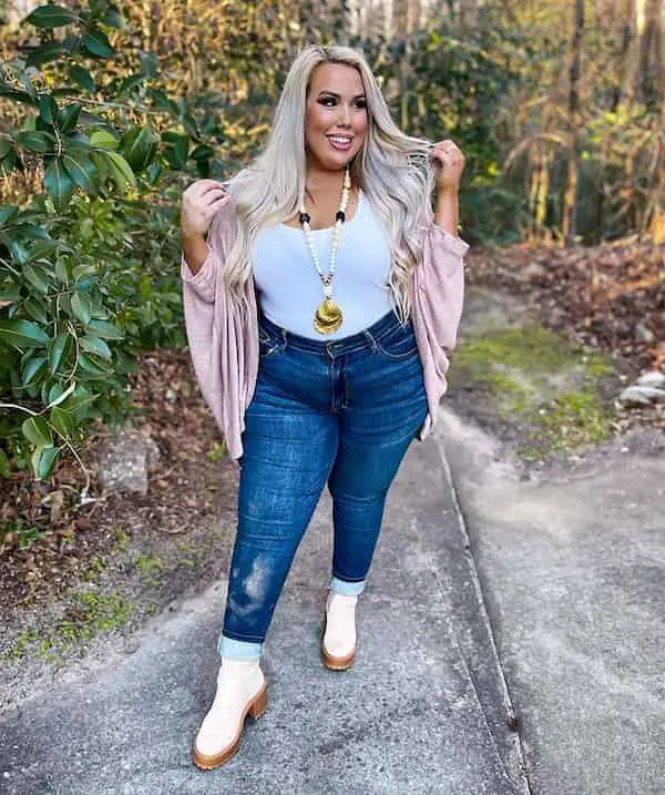 White Vest + Blush Pink Cardigan + Jean Pants + Boots