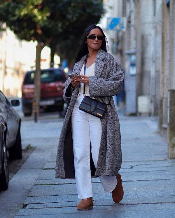 White Vest + White Pant + Winter Coat + Ugg Boots + Handbag + Sunglasses