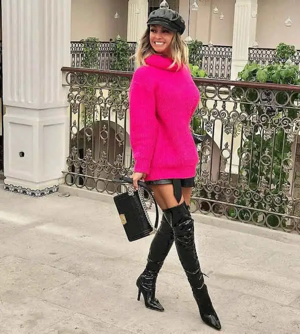 Winter Oversized Shirt + Thigh Boots + Clutch + Biker Cap