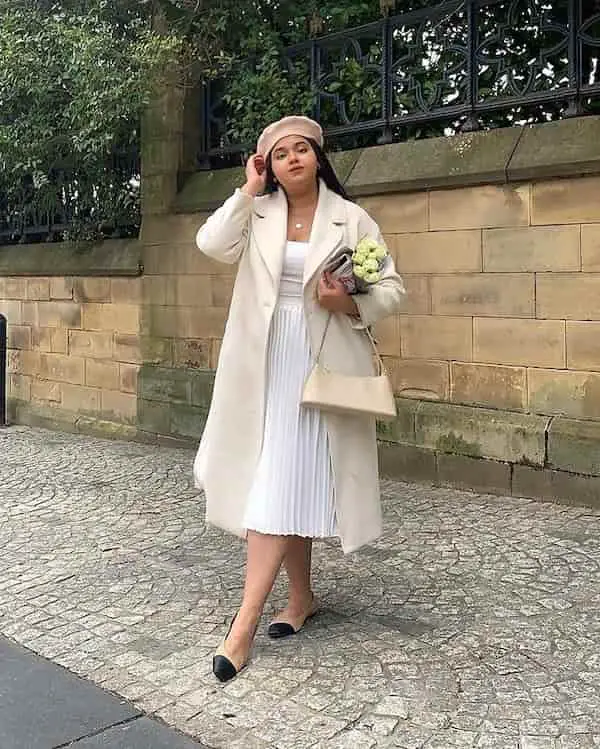 Ash Cami + Pleated High Waist Skirt + Trench Coat + Beret + Mule Shoe + Handbag