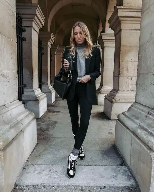 Ash Colored Inner Shirt + Black Blazer + Black Pant + Sneakers + Handbag