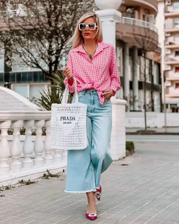 Baby Pink Button Front Shirt + Flared Jeans + Loafers + Maxi Handbag + Sunglasses