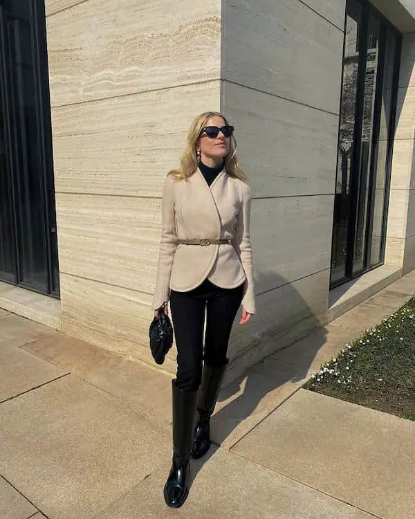 Back Inner Shirt + Tan Blazer + Black Pant + Knee-Length Boots + Clutch + Sunglasses