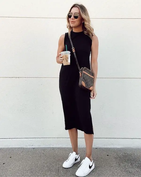 Black Midi Dress + Sneakers + Midi Cross Bag