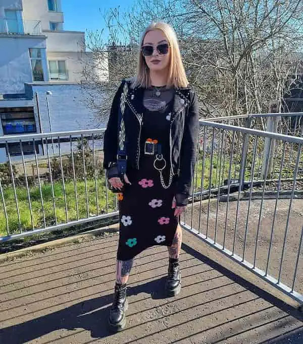 Black Shirt + Tummy Belt + Floral Knee-Length Skirt + Trainer + Handbag + Sunglasses