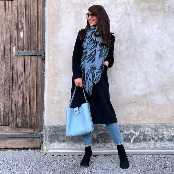 Black Trench Coat + Muffle + Jean Pant + Boots + Maxi Handbag + Sunglasses