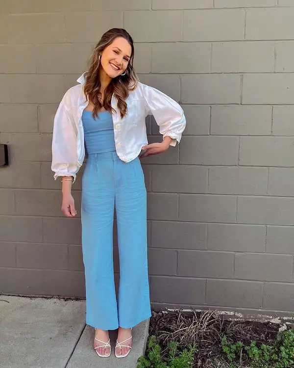 Blue Inner Shirt + Blue Free Pant + White Puffed Hands Jacket + Heels