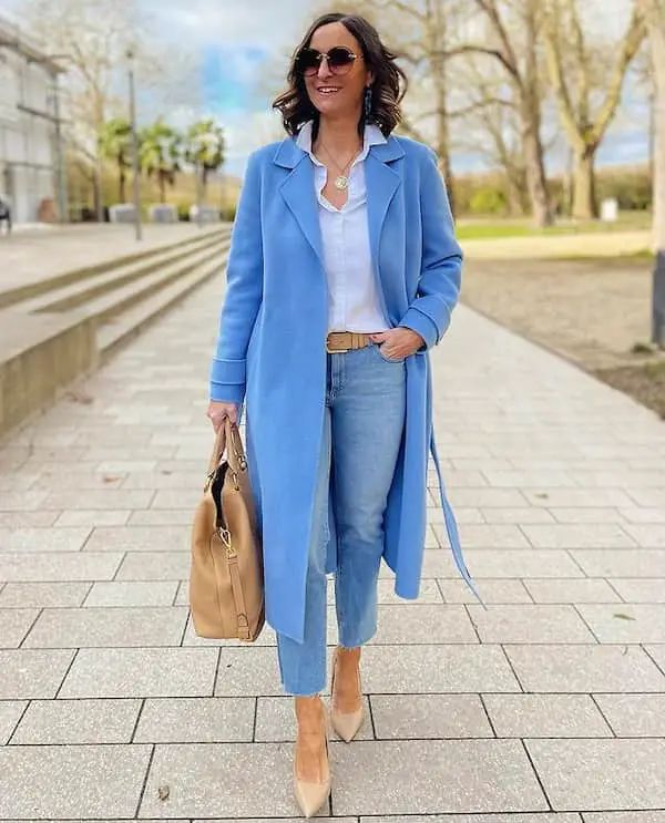 Button Down White Shirt + Jean Pants + Brown Belt + Heels + Handbag + Sunglasses