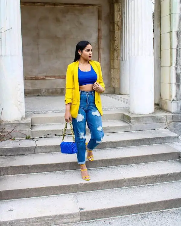 Cropped Vest + High Waist Blue Jeans + Yellow Blazer + Heels + Handbag
